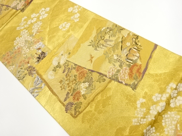 JAPANESE KIMONO / VINTAGE FUKURO OBI / WOVEN FLOWERS & CARRIAGE